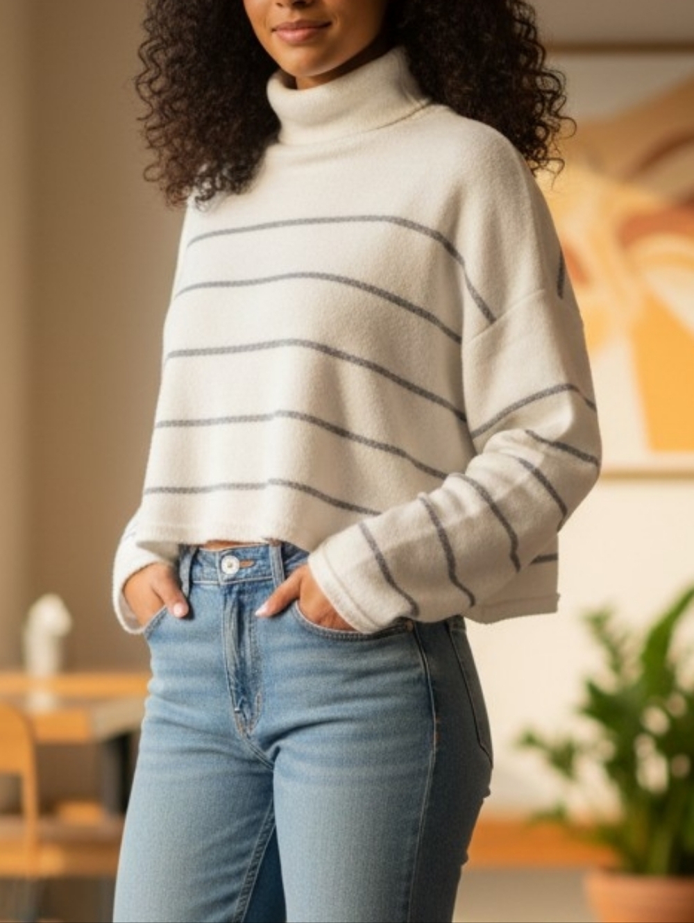 Cupcakes & Cashmere Striped Crop Turtleneck Sweater White Grey Size Large - Picture 1 of 5